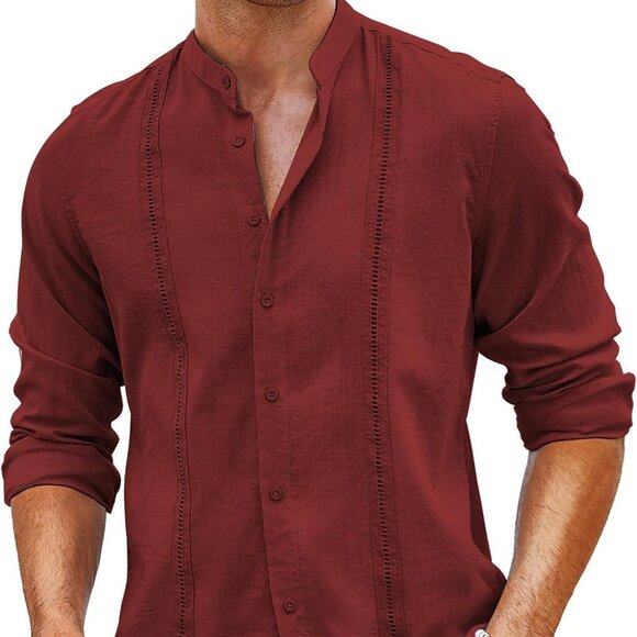 NWOT COOFANDY Red Cuban Guayabera Long Sleeve Shirt XXL 2XL - Picture 1 of 5